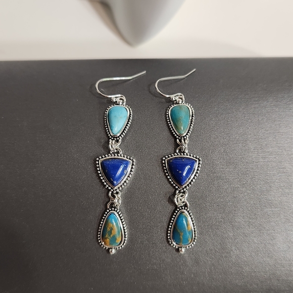 Silver Plated With Lapis Lazuli & Turquoise Dangle Earrings - Picture 4 of 11